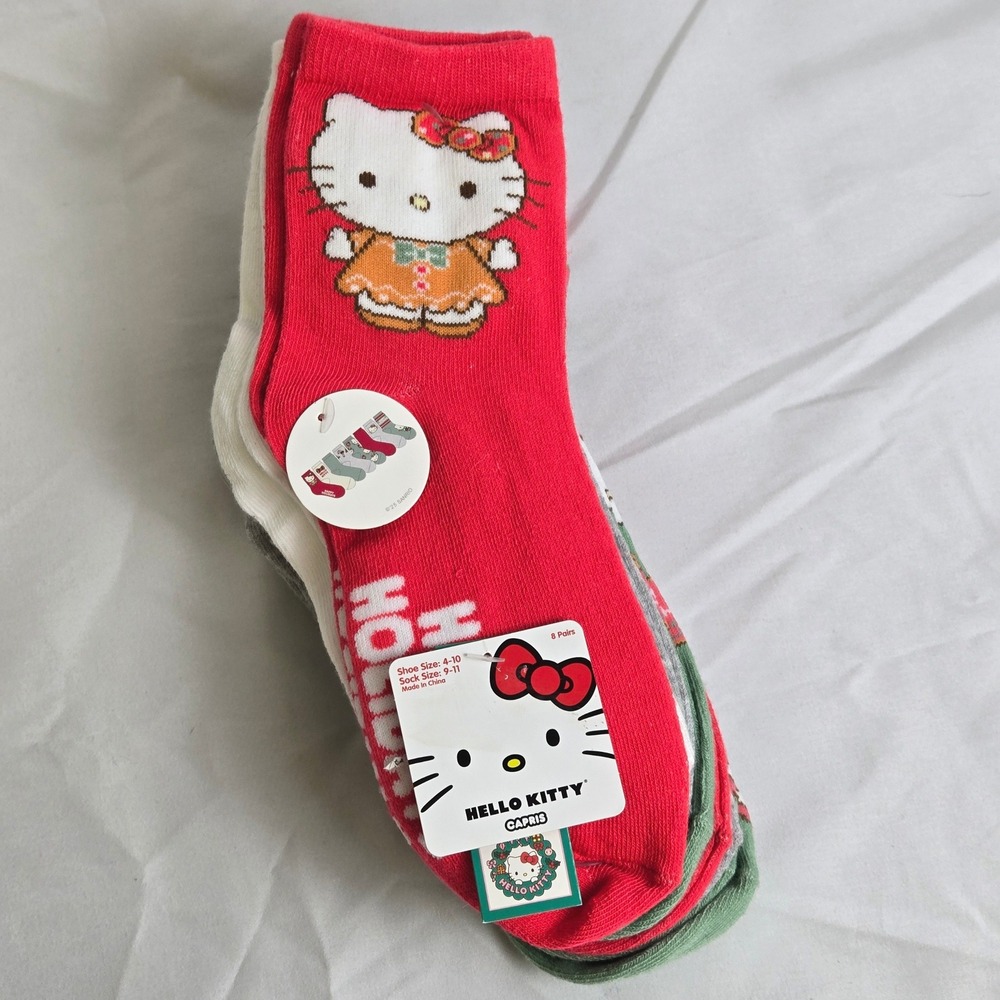 Sanrio Hello Kitty 8 Pairs Holiday Capris Socks, Size Shoe:4-10 Sock:9-11, New